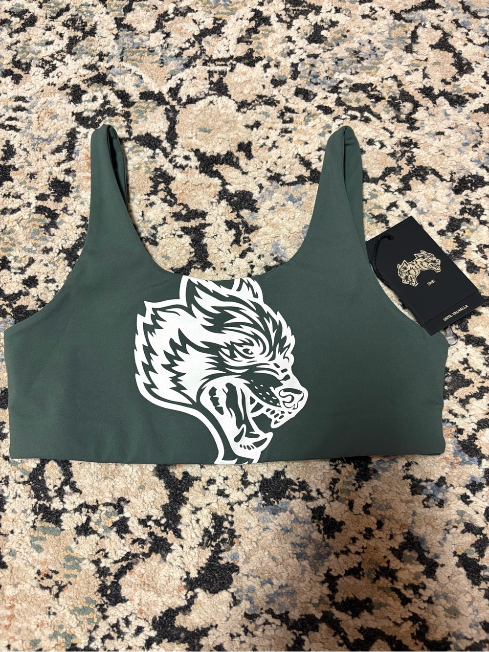 Women's She Darc Sport Green Graphic Sports Bra with Wolf Design. Size Small